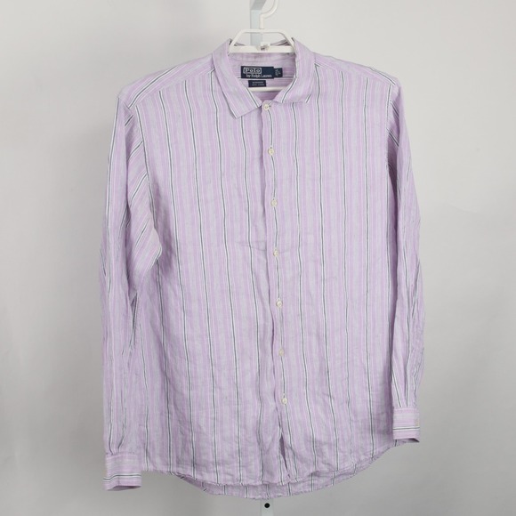 Polo Ralph Lauren Shirt Mens Large Purple Striped Bonnard 100% Linen Button Up - Picture 2 of 9